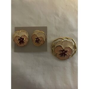Vintage 1990 Avon Full Bloom In Pink Clip-On Earrings And Matching Pin